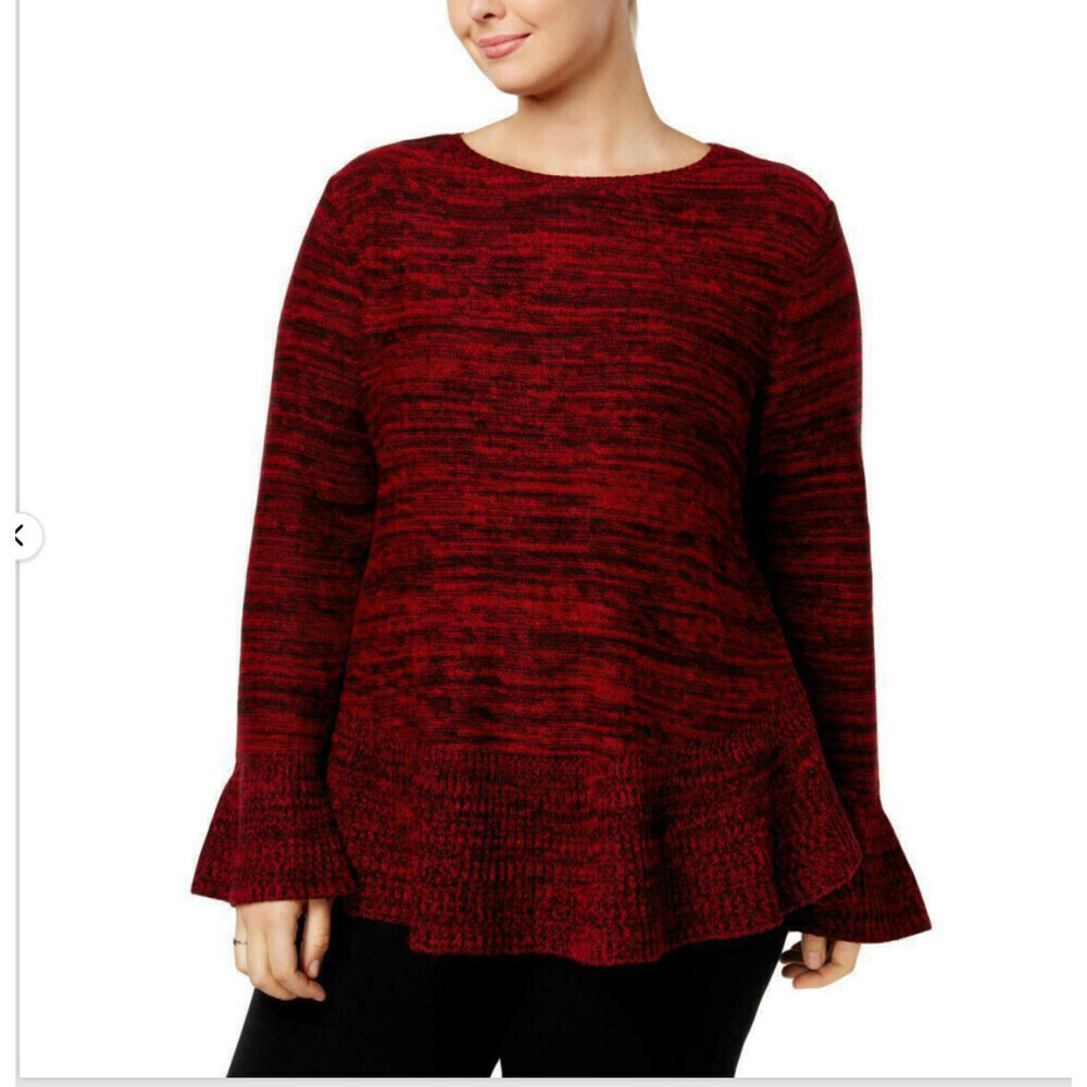 Style & Co Women's Sweater Crew neck Ruffle Sleeve Pullover In Red Size XXL